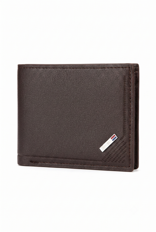 Textured Dark Brown Bifold Wallet with Metal Detail