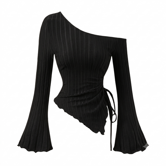Black One Shoulder Ruched Ribbed Knit Top
