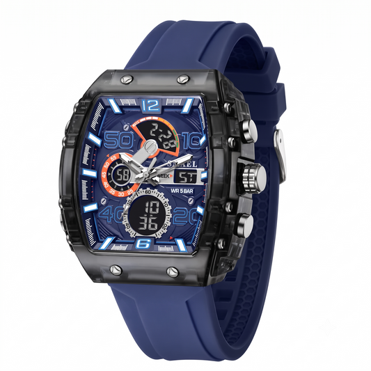 Men's Blue Tonneau Dual Display Sport Watch
