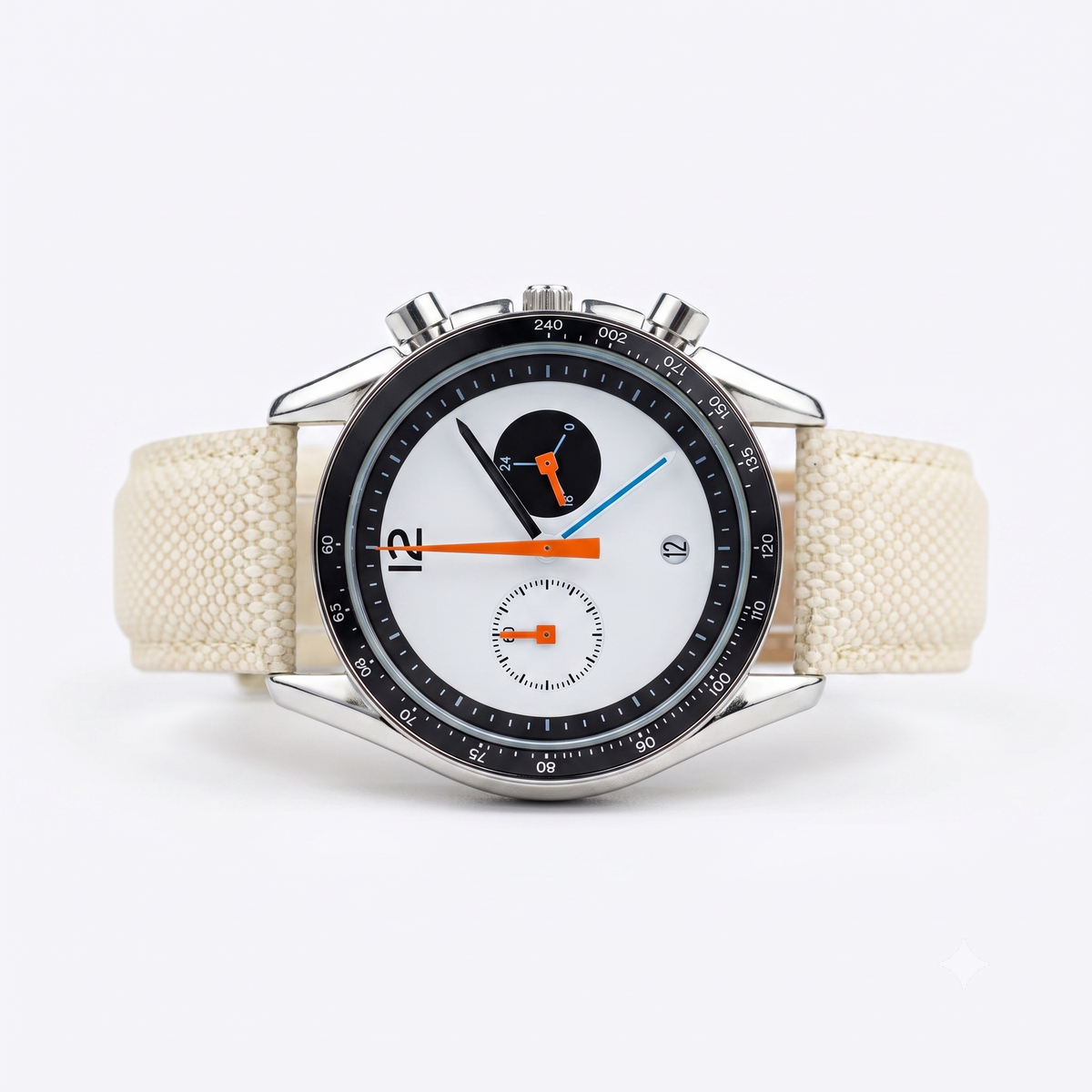 Stainless Steel Chronograph Watch Cream Fabric Strap