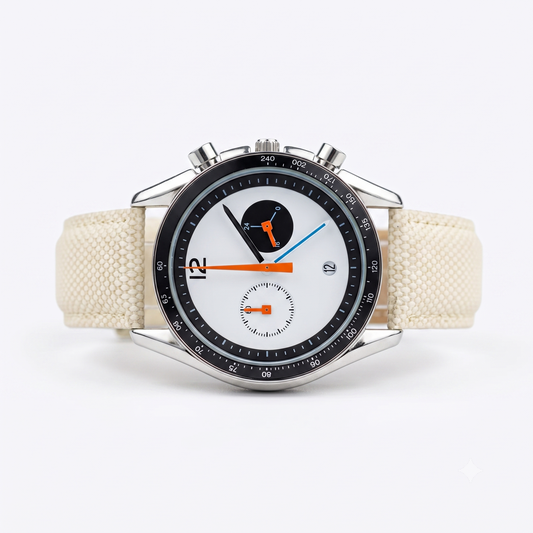 Stainless Steel Chronograph Watch Cream Fabric Strap