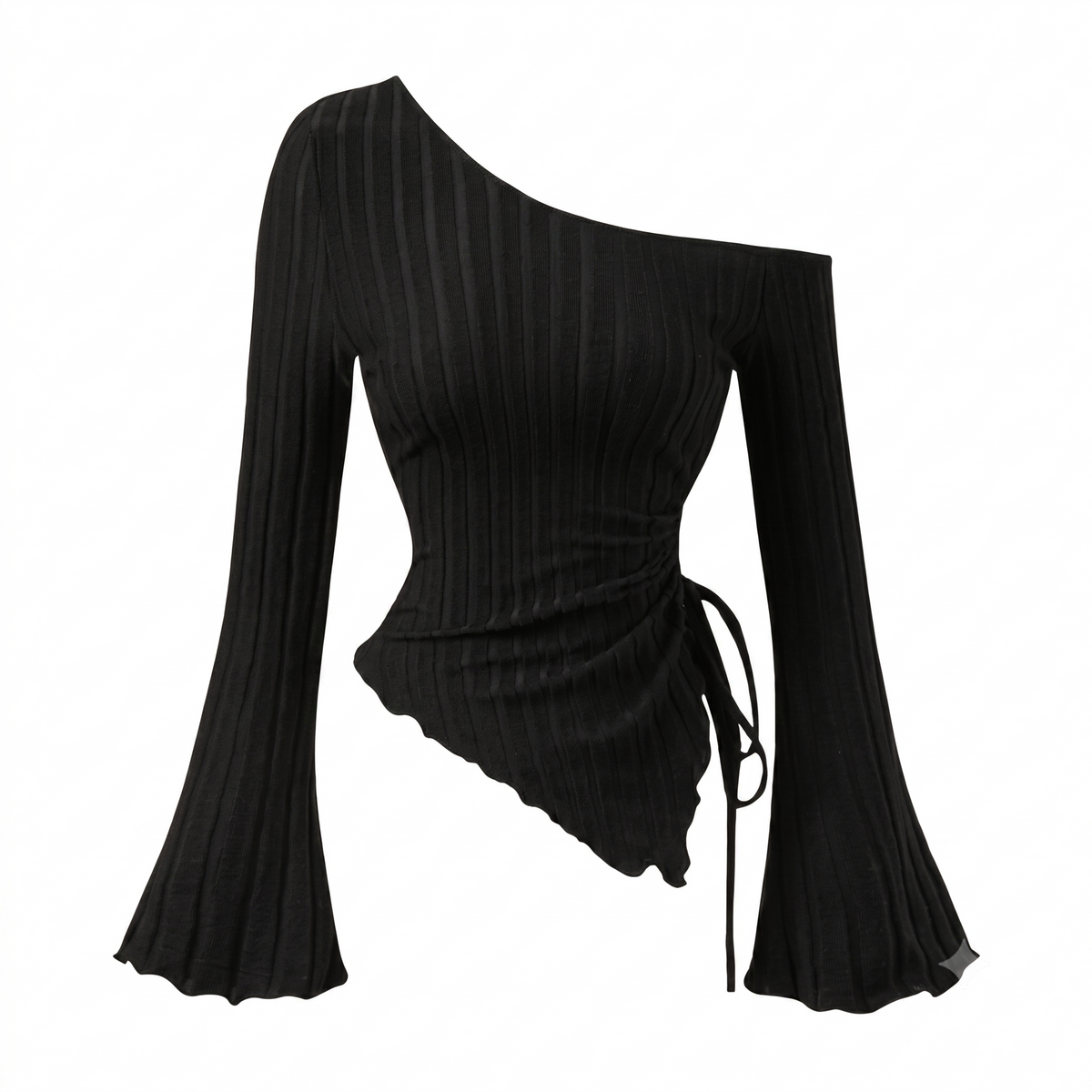 Black One Shoulder Ruched Ribbed Knit Top
