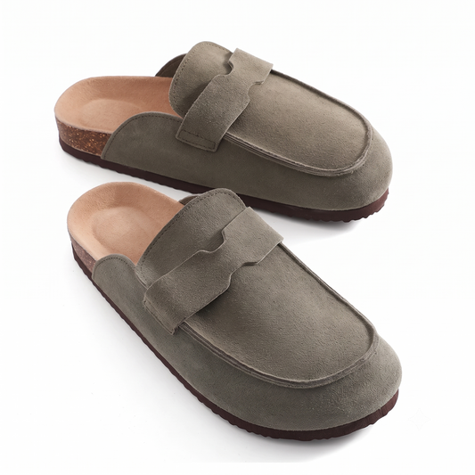 Suede Mules with Cork Sole and Detail Strap